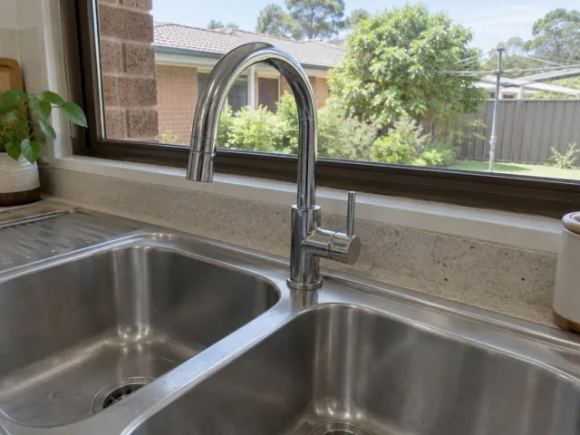 Chrome kitchen mixer tap above a double stainless sink beside a window in a tiled home kitchen in Arcadia Vale